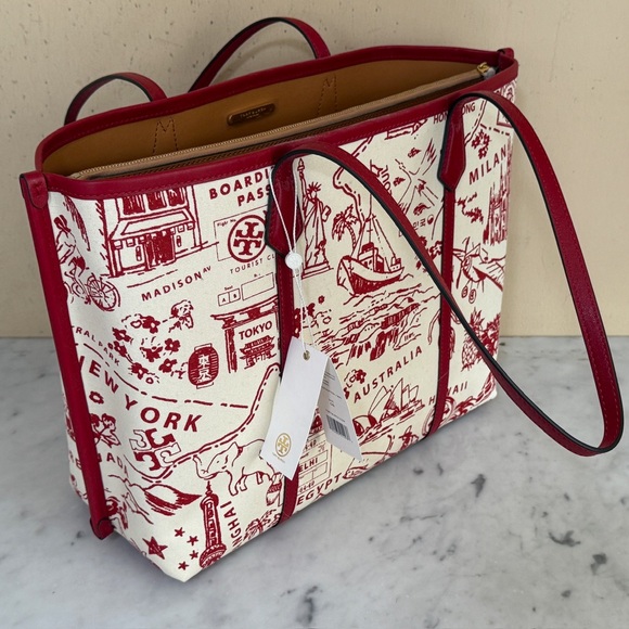 NWT Tory Burch Illustrated Tote in Red Cream highlighting international cities - Picture 4 of 13